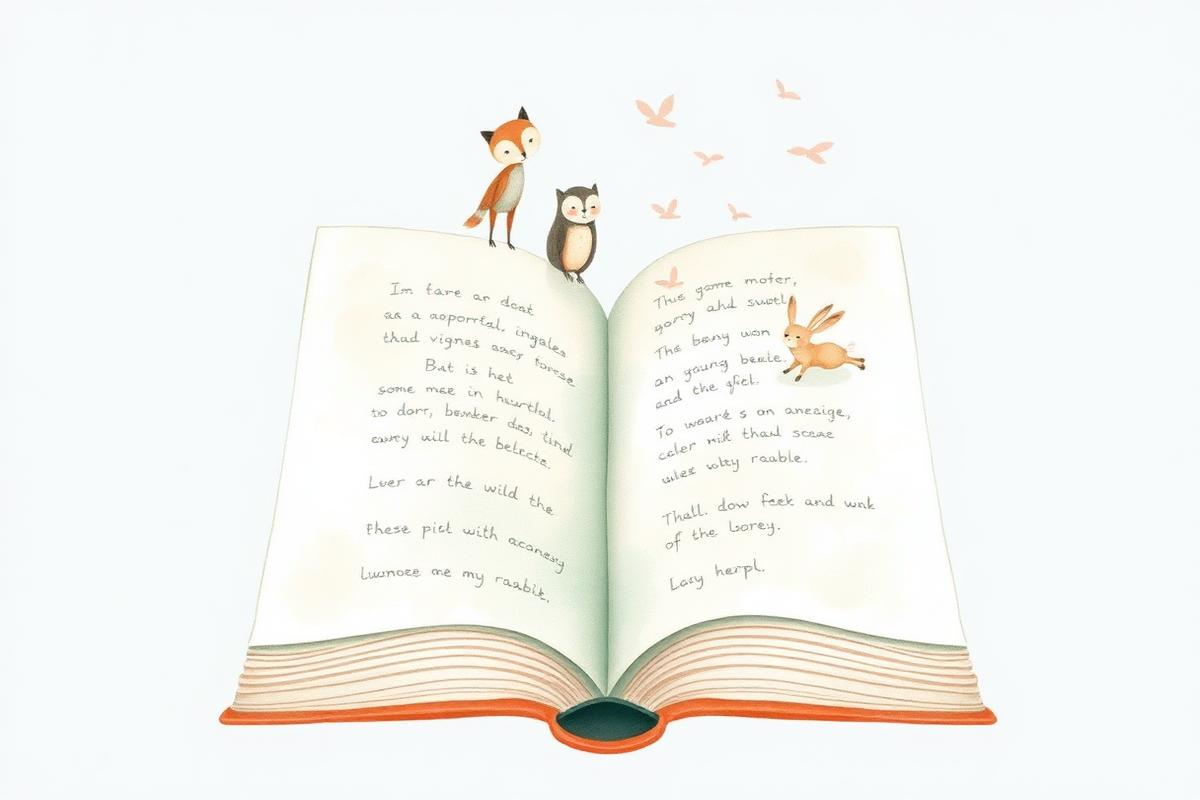 Open storybook with playful animals emerging from the pages